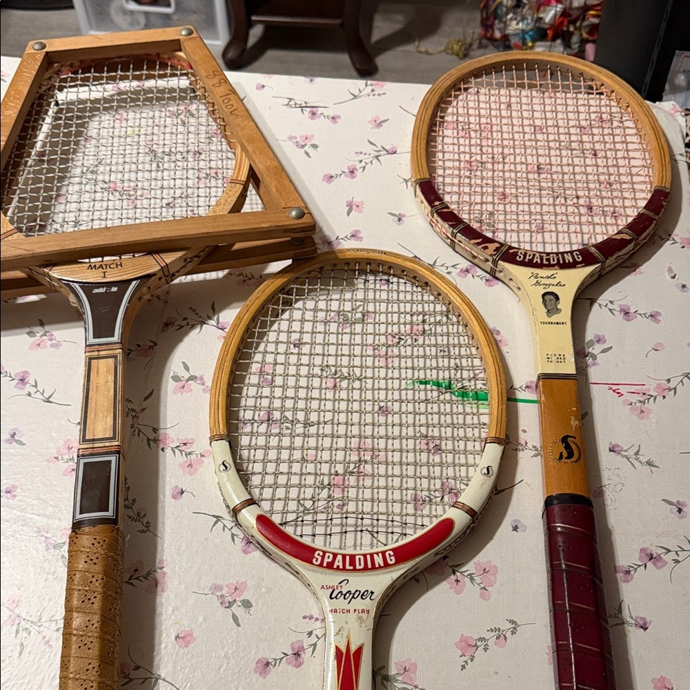 Spalding Wooden Tennis Racket Trio - Red, Burgundy & Natural